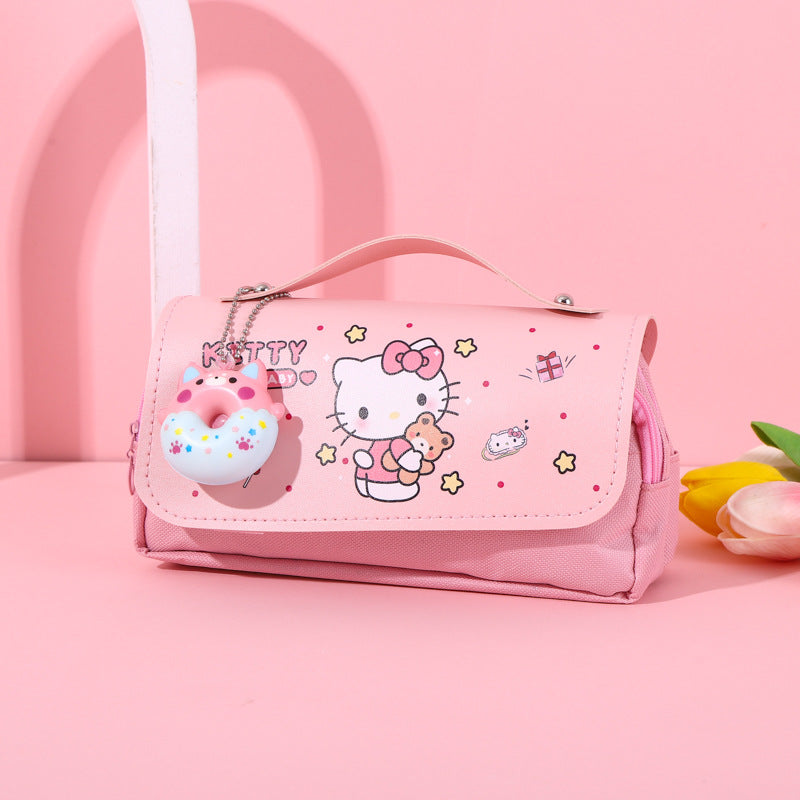 Double Layer Pencil Case With Donut Keychain