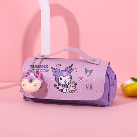 Double Layer Pencil Case With Donut Keychain